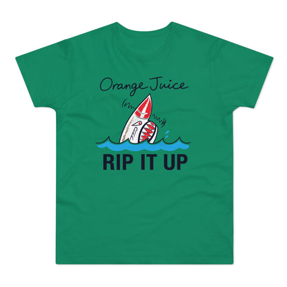 Green t-shirt with "Orange Juice Rip It Up" text and a shark graphic.