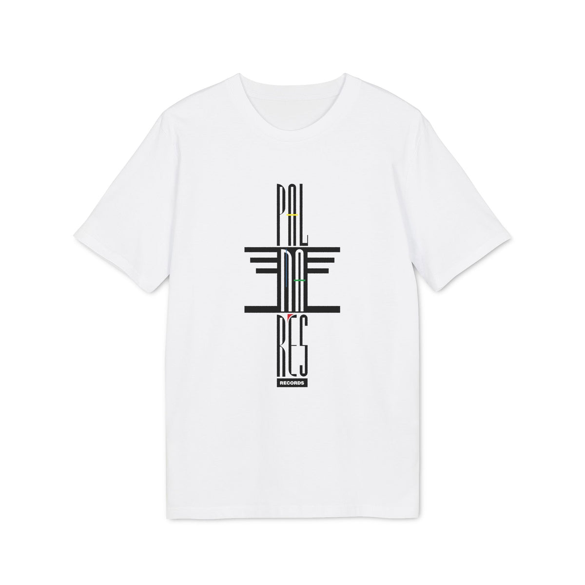 A plain white t-shirt featuring a vertical black graphic design with text reading Palmares Records on the chest.