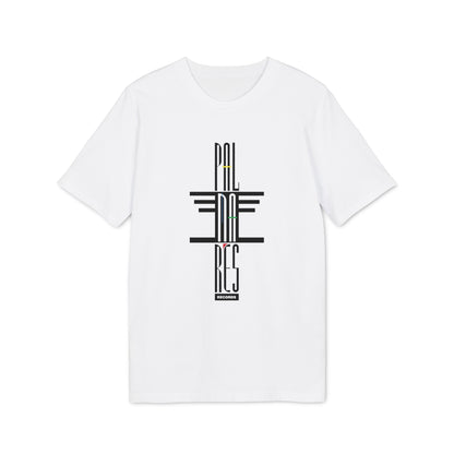 A plain white t-shirt featuring a vertical black graphic design with text reading Palmares Records on the chest.