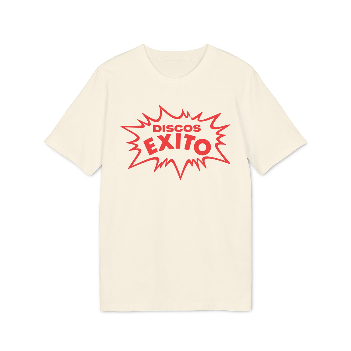 Off-white short-sleeve crewneck t-shirt featuring a red jagged comic-style graphic with the text Discos Exito centered on the chest.