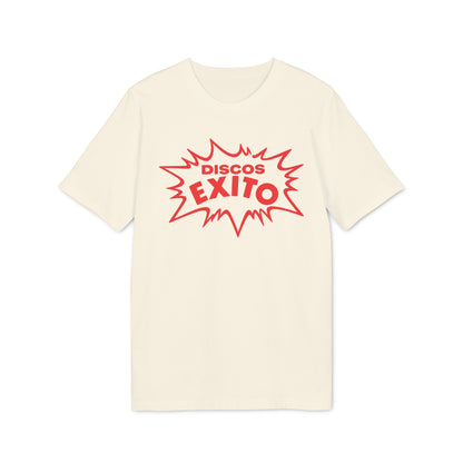 Off-white short-sleeve crewneck t-shirt featuring a red jagged comic-style graphic with the text Discos Exito centered on the chest.