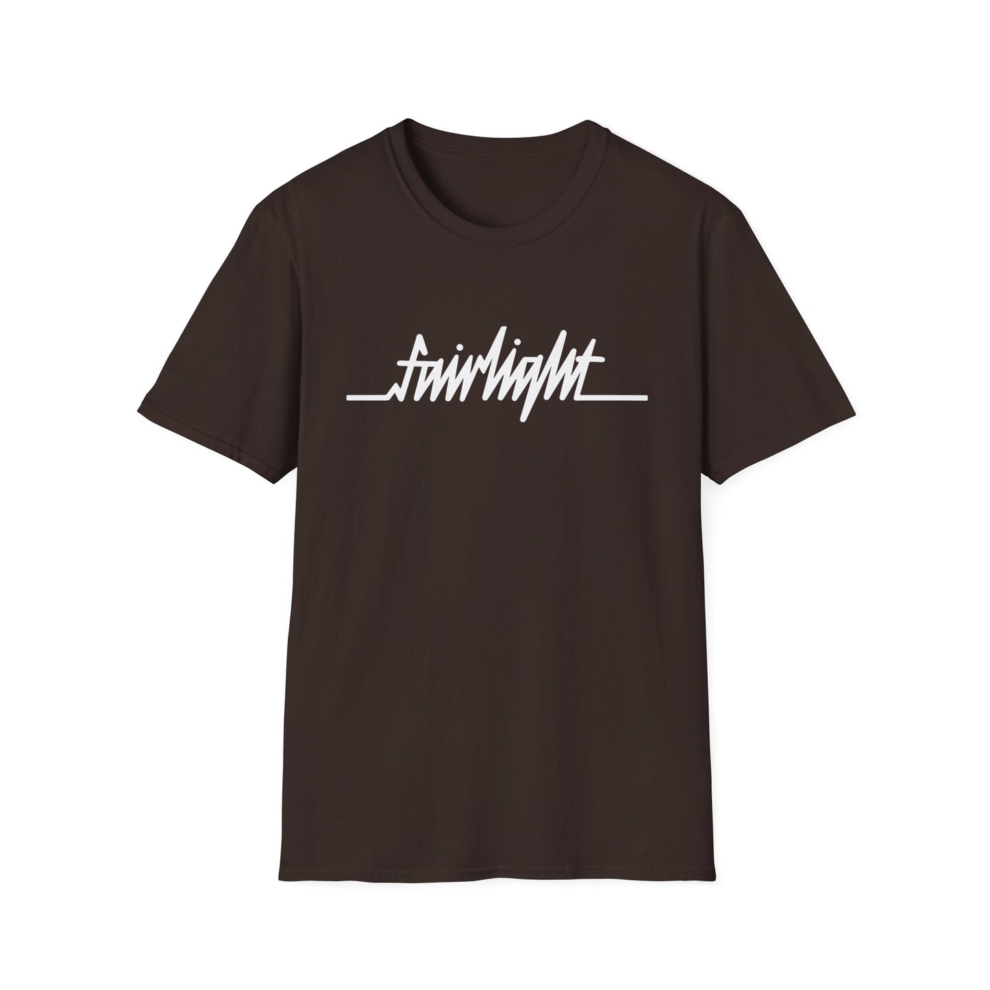 Brown t-shirt with white "fairlight" text and a heartbeat line graphic.