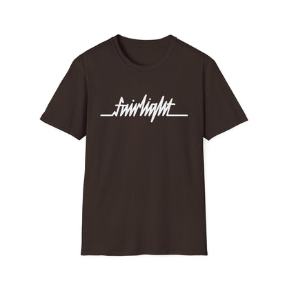Brown t-shirt with white "fairlight" text and a heartbeat line graphic.