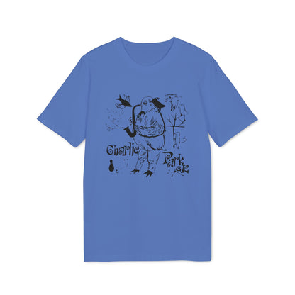 Blue t-shirt featuring a black graphic of an abstract creature playing a saxophone and the text Charlie Parker.