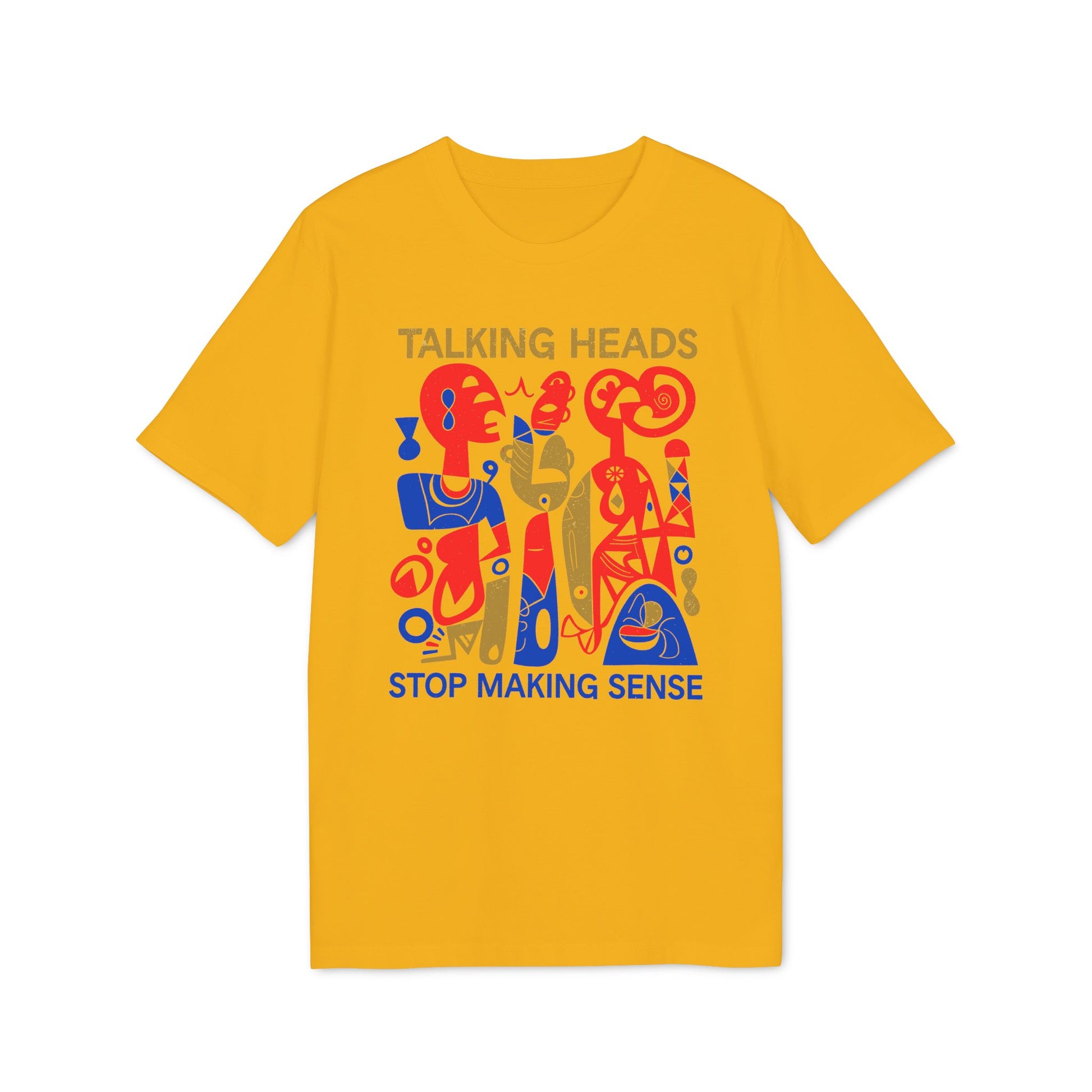 Yellow t-shirt with "TALKING HEADS STOP MAKING SENSE" text and abstract figures.