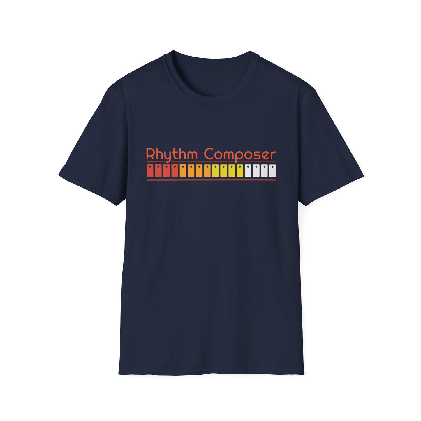 Navy t-shirt with "Rhythm Composer" and a colorful pattern.