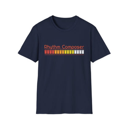 Navy t-shirt with "Rhythm Composer" and a colorful pattern.
