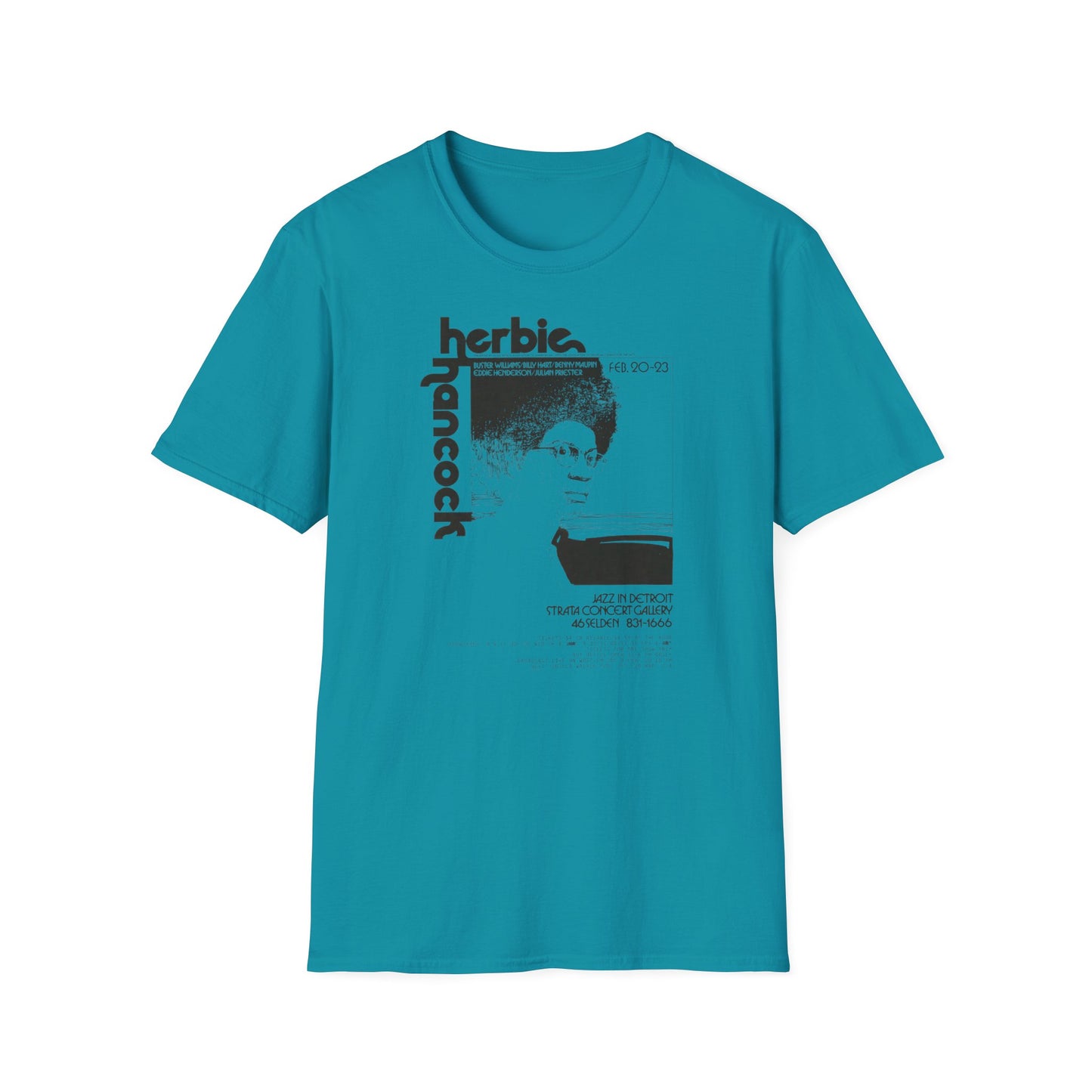 Teal t-shirt with Herbie Hancock concert poster design.