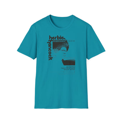 Teal t-shirt with Herbie Hancock concert poster design.