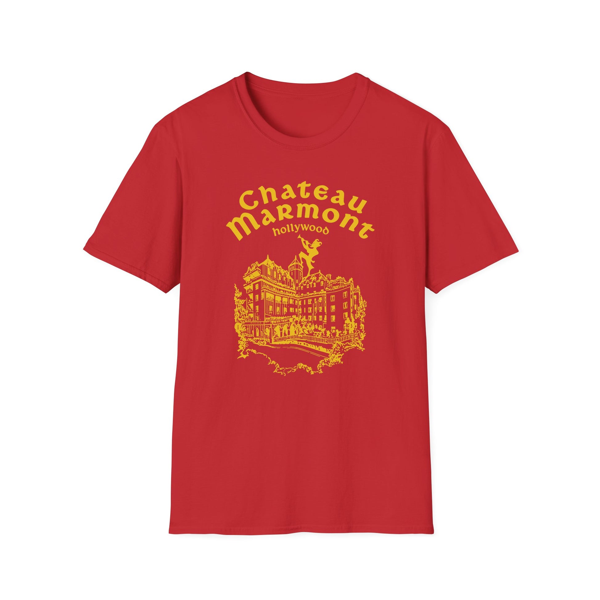 Red t-shirt with yellow illustration of Chateau Marmont building and text.