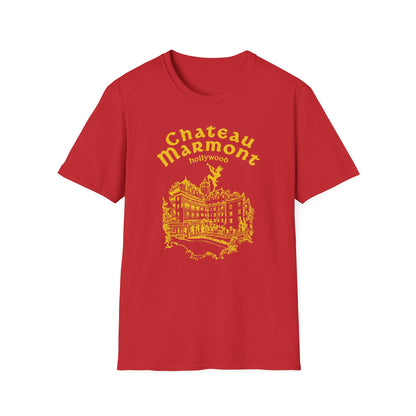 Red t-shirt with yellow illustration of Chateau Marmont building and text.