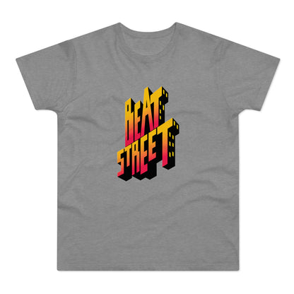 Grey t-shirt with 3D "BEAT STREET" logo in yellow and pink gradient.