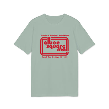 A sage green short-sleeve t-shirt featuring a red Albee Square Mall logo on the chest.