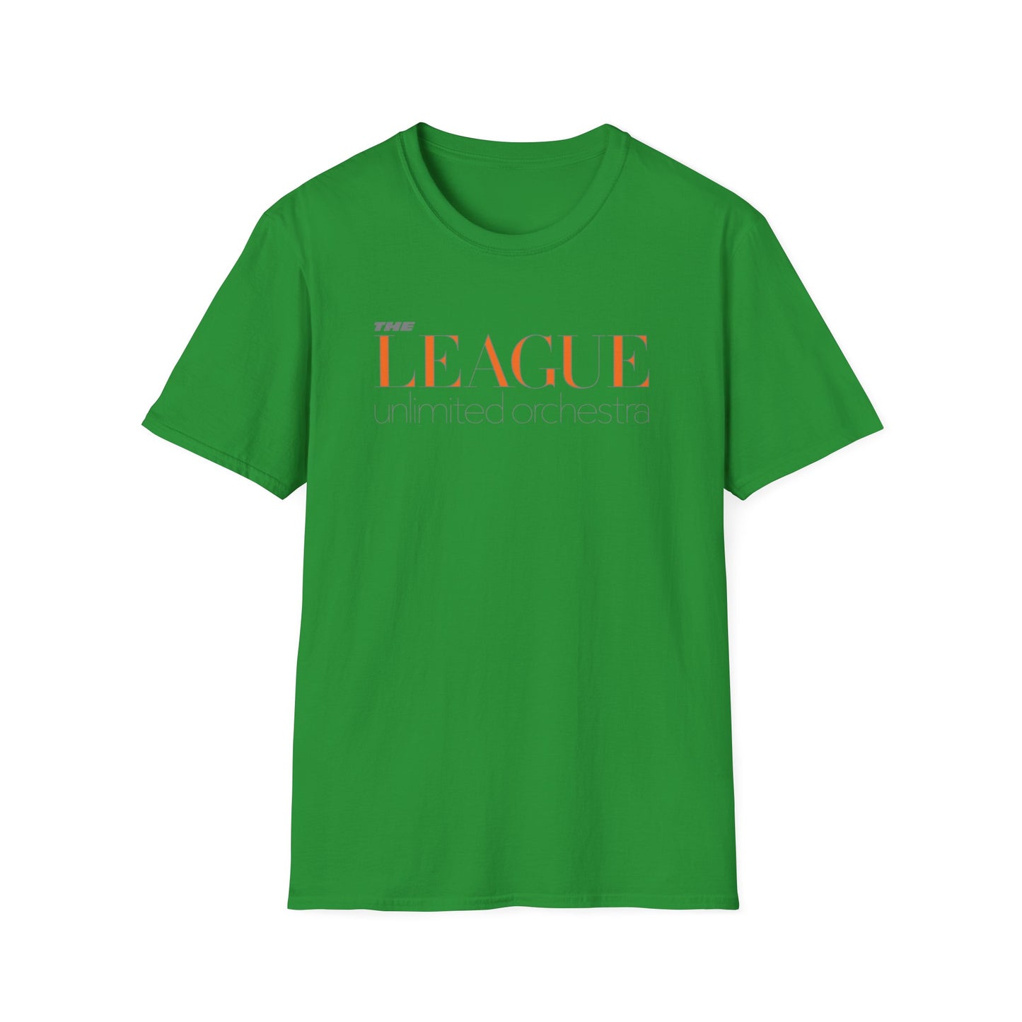 Green t-shirt with orange and grey text reading "THE LEAGUE unlimited orchestra".