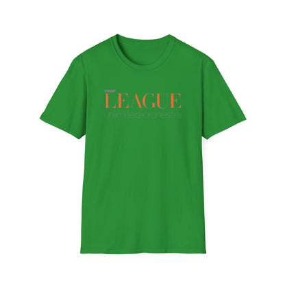 Green t-shirt with orange and grey text reading "THE LEAGUE unlimited orchestra".