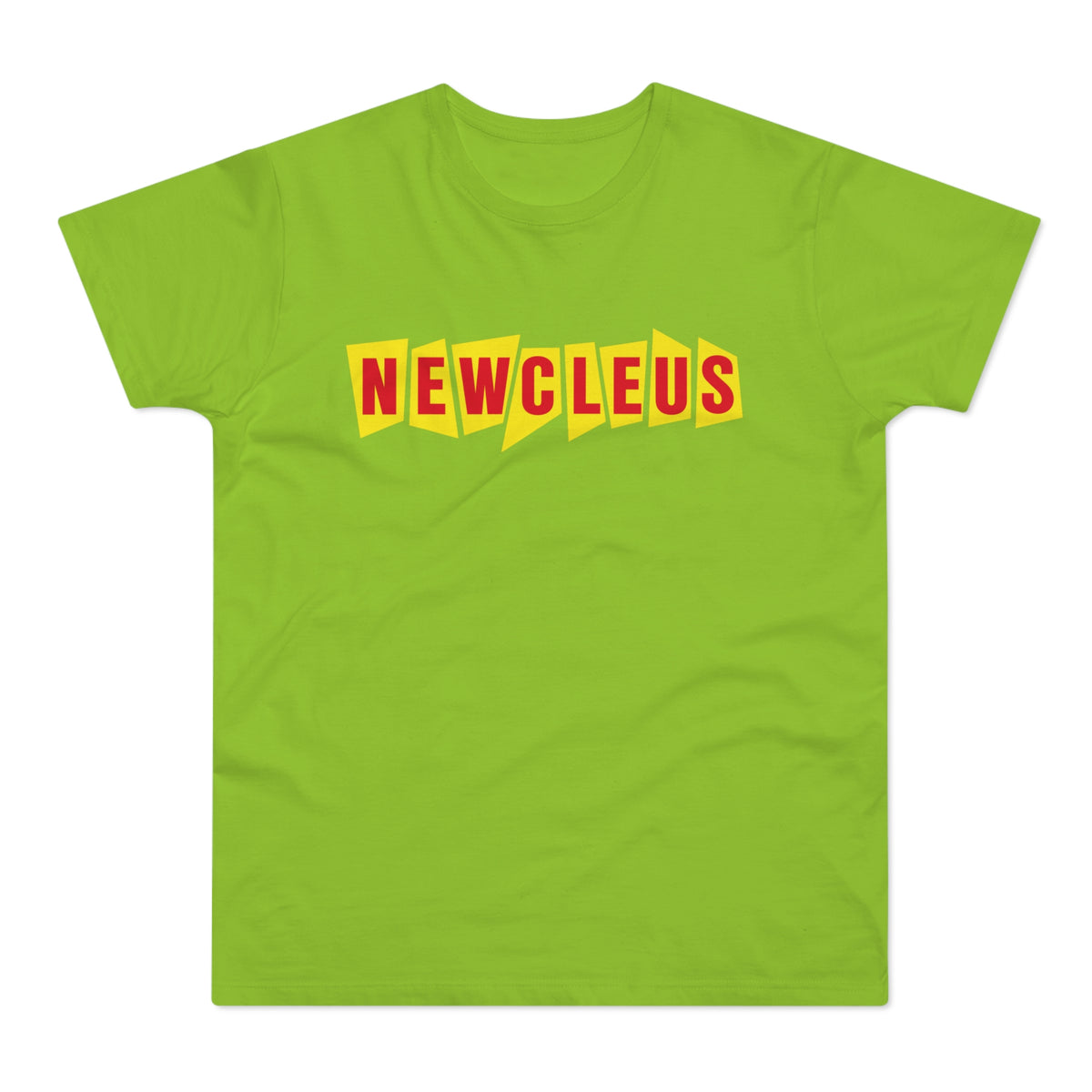 Lime green t-shirt with red text that says "NEWCLEUS" in yellow blocks.