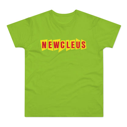 Lime green t-shirt with red text that says "NEWCLEUS" in yellow blocks.