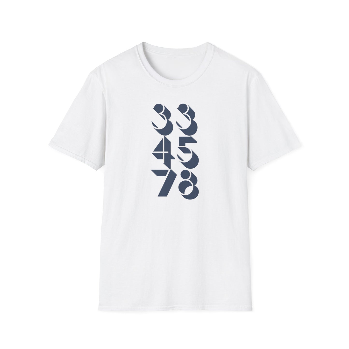 White t-shirt with navy blue numbers 33, 45, and 78 vertically aligned.