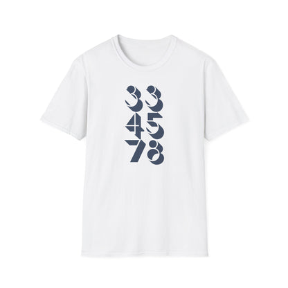 White t-shirt with navy blue numbers 33, 45, and 78 vertically aligned.