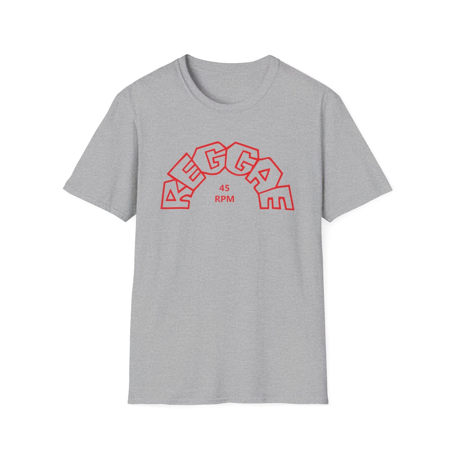 Grey t-shirt with red outline graphic of the word REGGAE and 45 RPM.