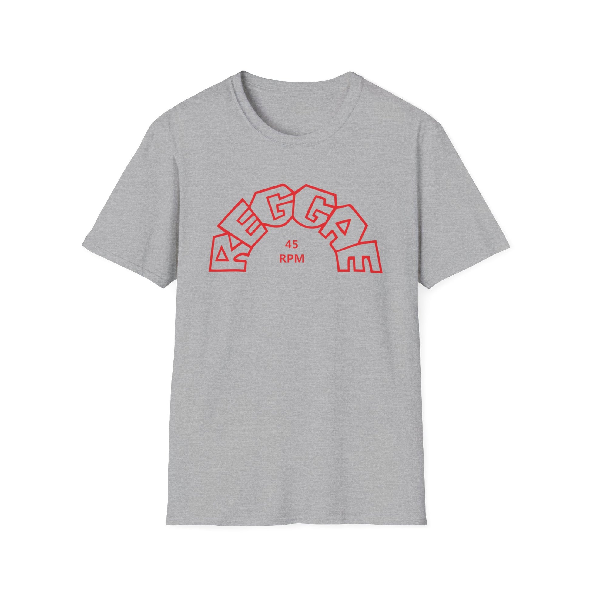 Grey t-shirt with red outline graphic of the word REGGAE and 45 RPM.
