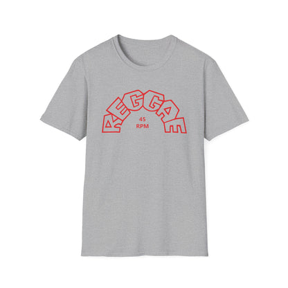 Grey t-shirt with red outline graphic of the word REGGAE and 45 RPM.