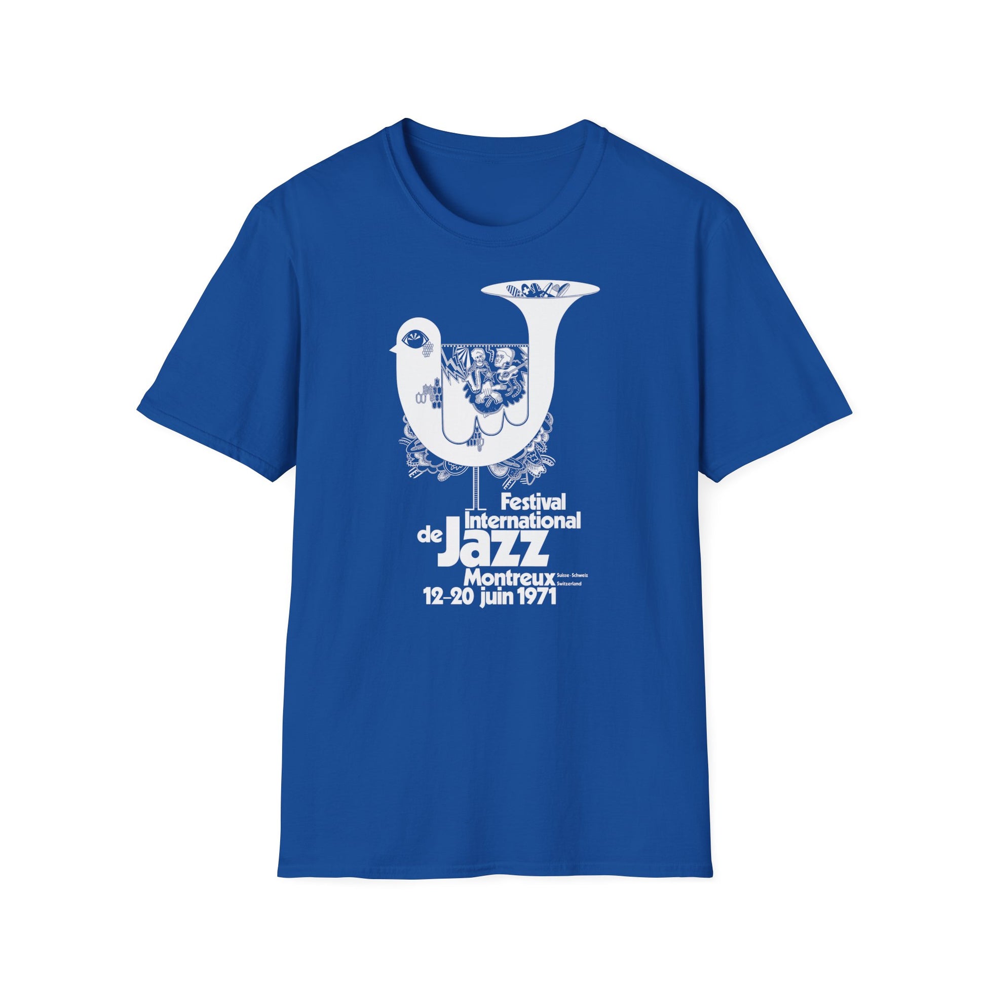 Blue t-shirt with white Montreux Jazz Festival 1971 graphic.