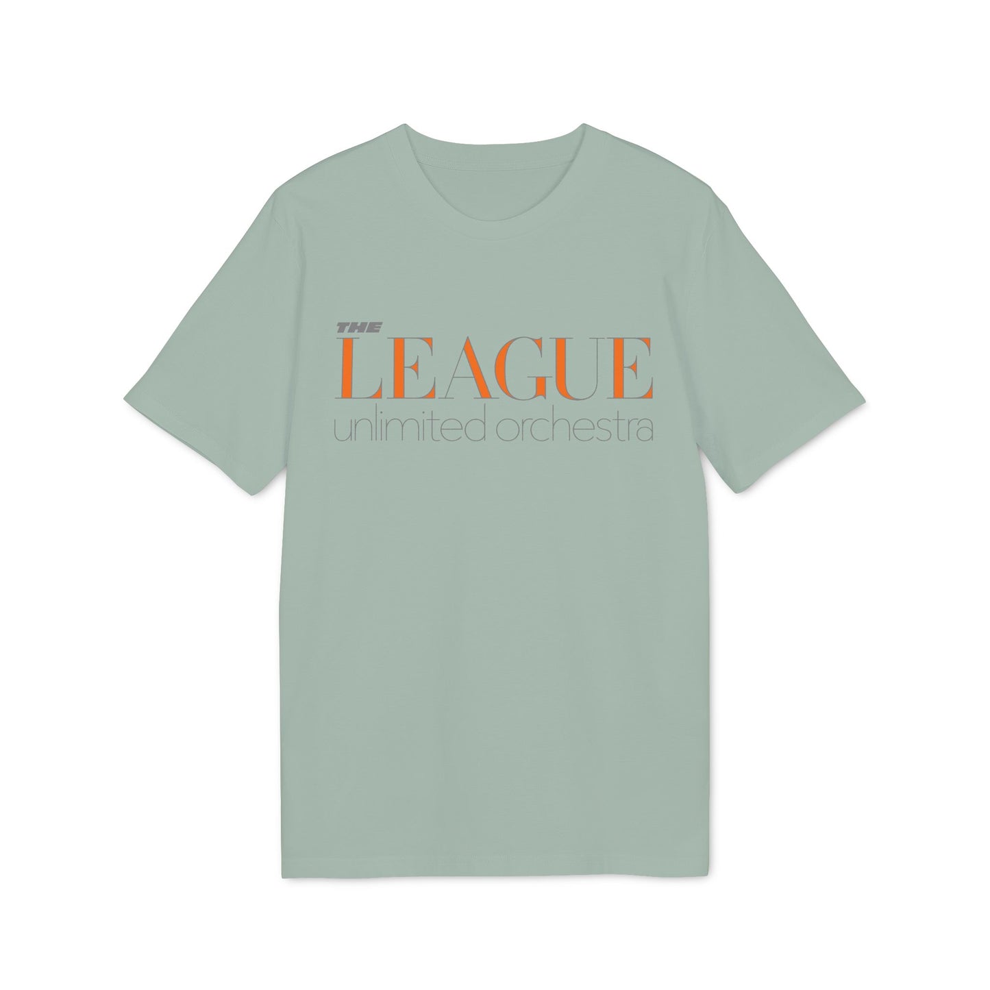 Light green t-shirt with orange text "The League unlimited orchestra".