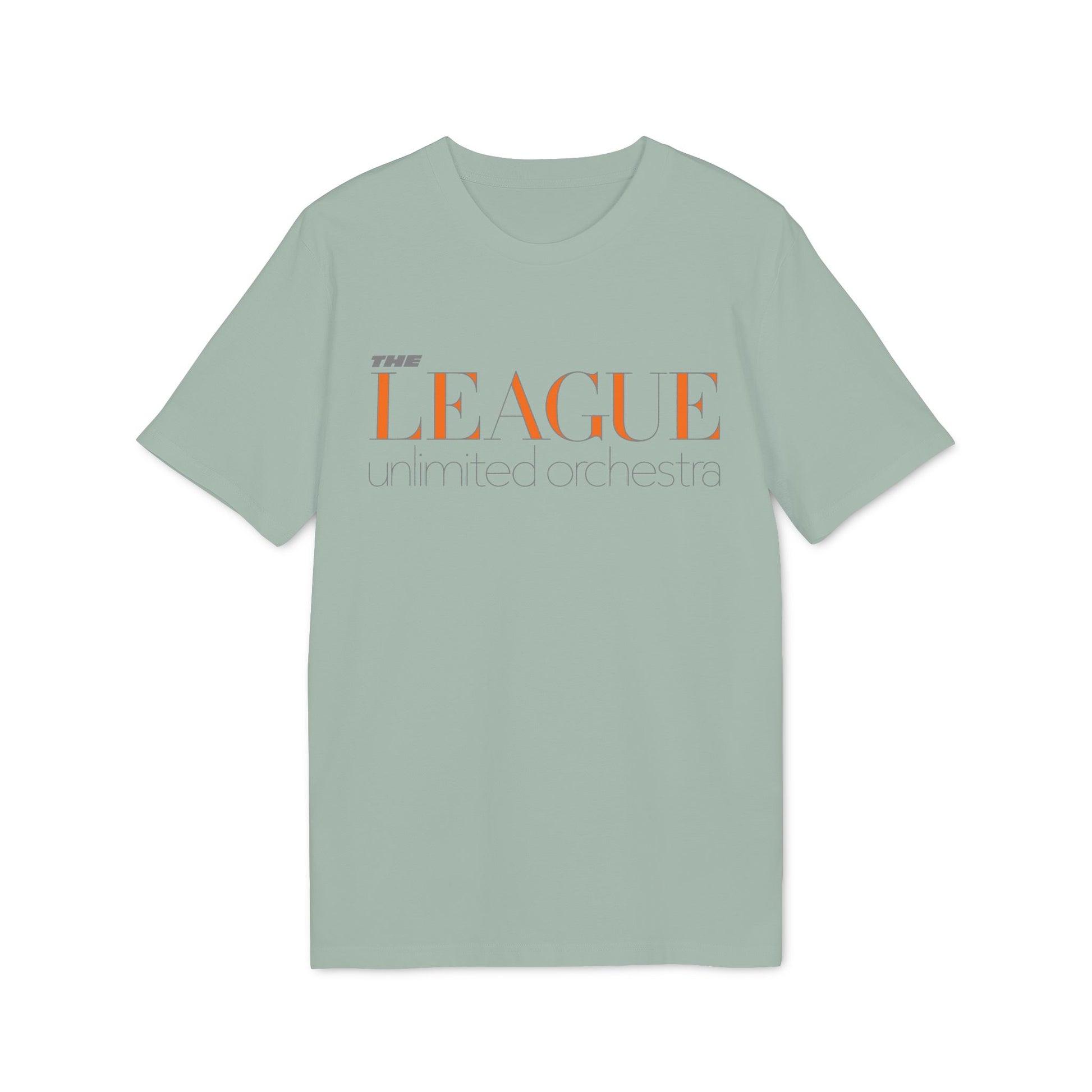 Light green t-shirt with orange text "The League unlimited orchestra".