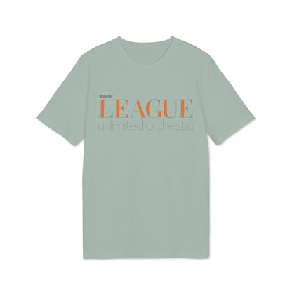 Light green t-shirt with orange text "The League unlimited orchestra".