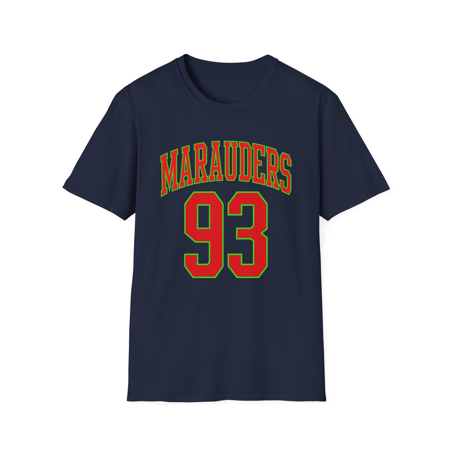 Navy t-shirt with red "MARAUDERS" and "93" in green outline.