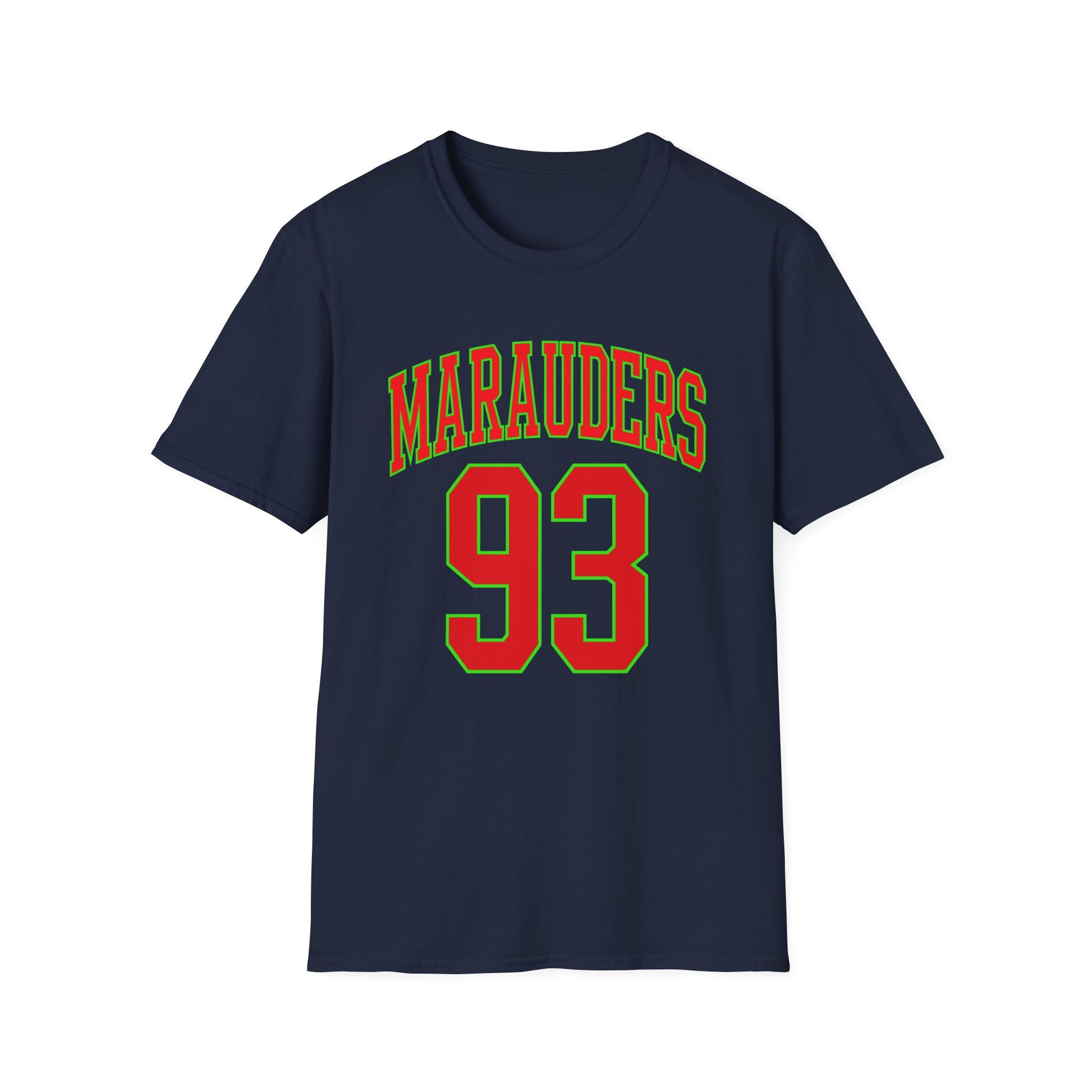 Navy t-shirt with red "MARAUDERS" and "93" in green outline.