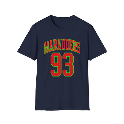 Navy t-shirt with red "MARAUDERS" and "93" in green outline.