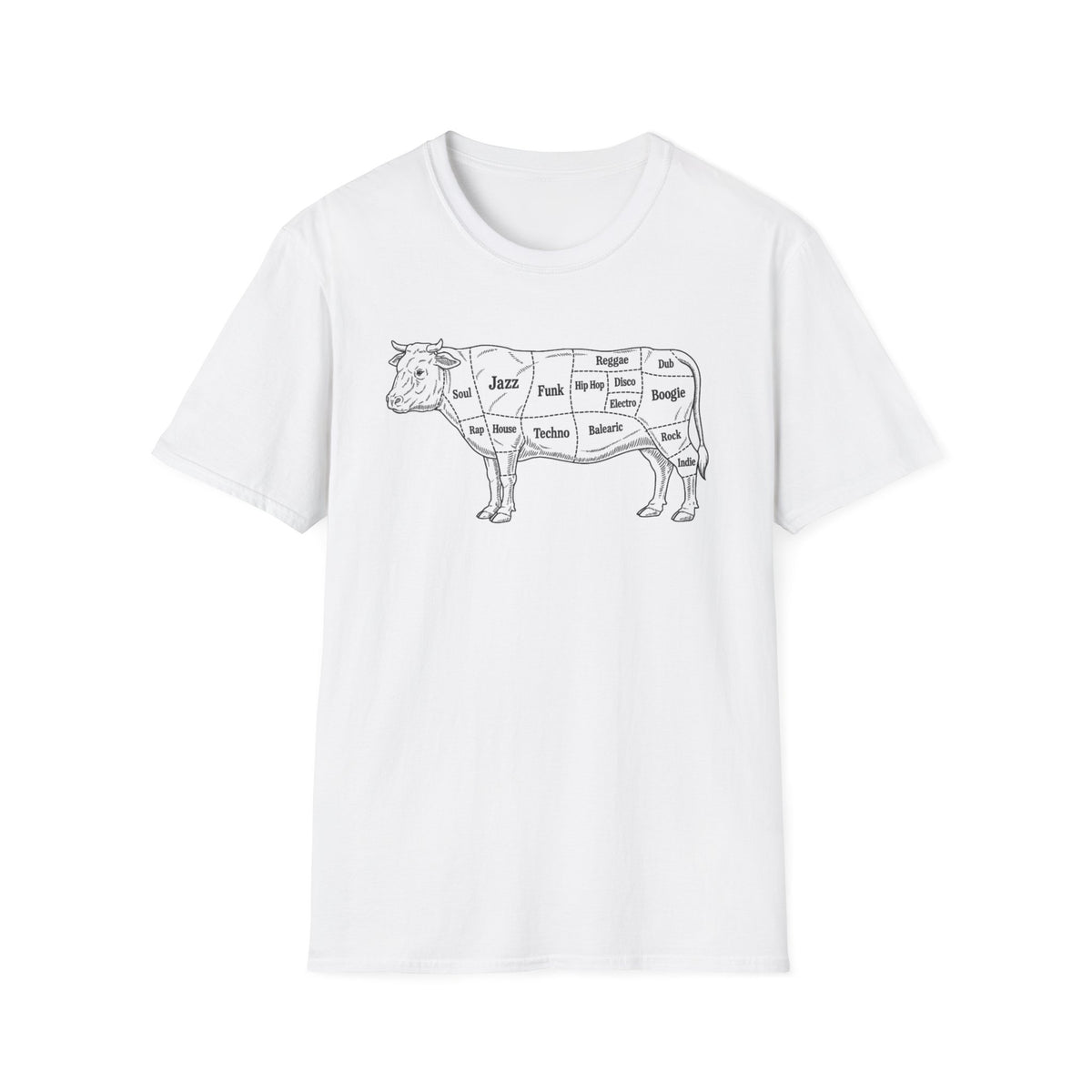 White t-shirt with a line drawing of a cow labeled with music genres.