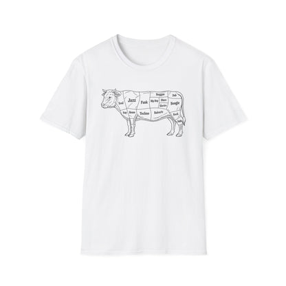 White t-shirt with a line drawing of a cow labeled with music genres.