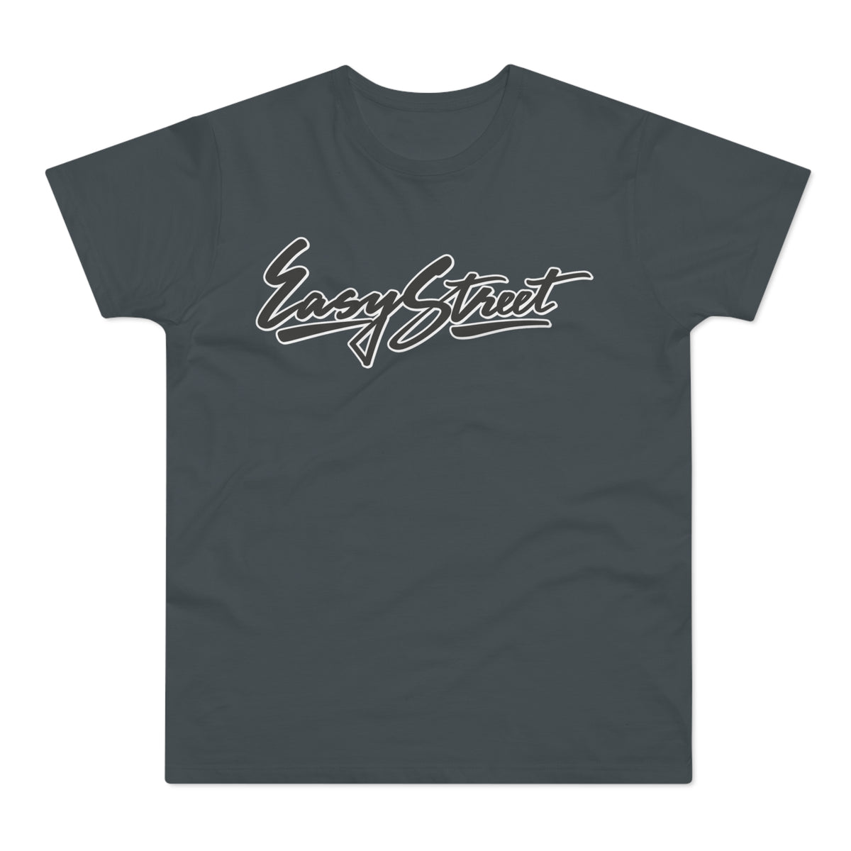 Dark gray t-shirt with "Easy Street" in white script text.