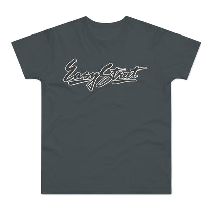 Dark gray t-shirt with "Easy Street" in white script text.