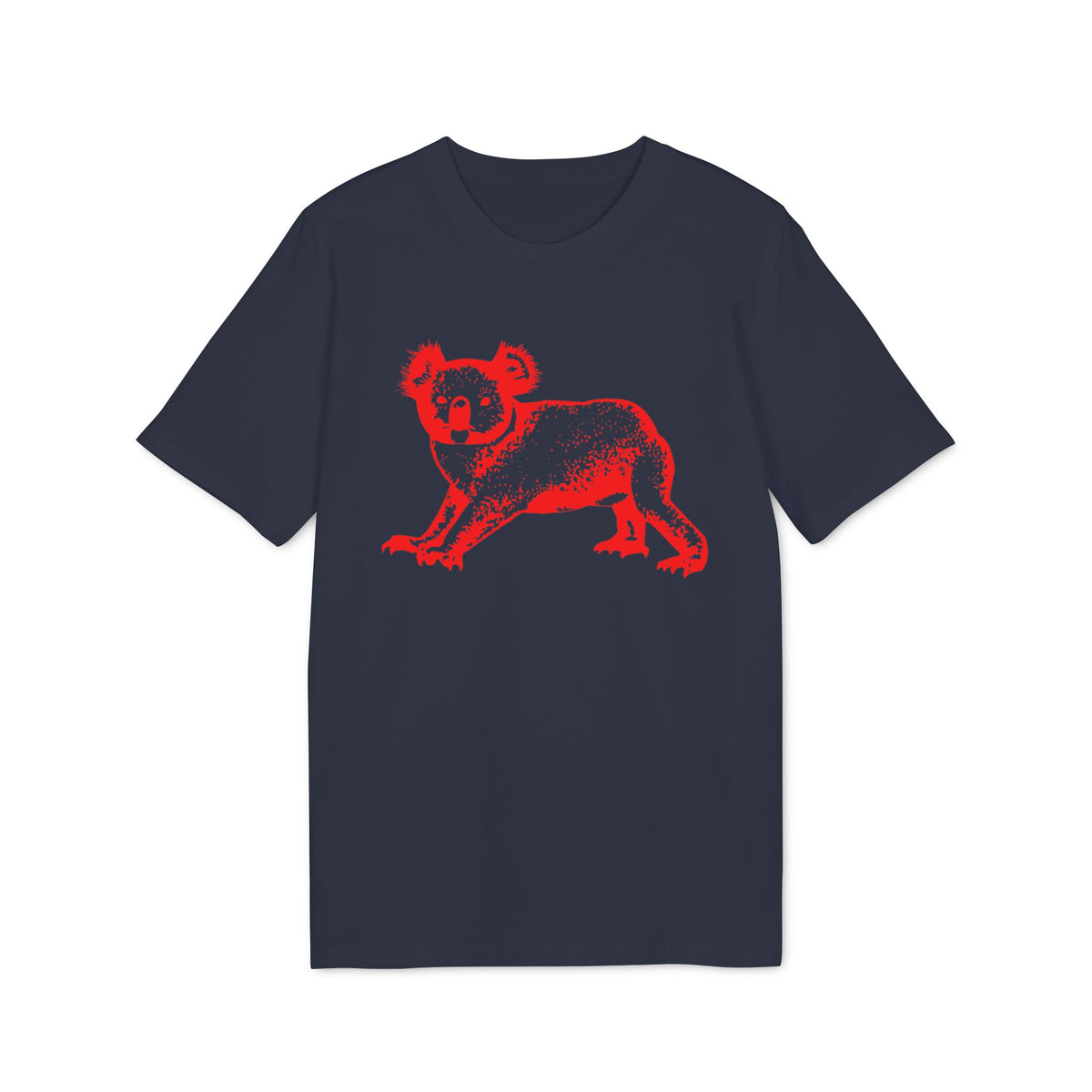 A dark blue t-shirt featuring a stylized red graphic of a koala on the chest.
