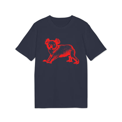 A dark blue t-shirt featuring a stylized red graphic of a koala on the chest.
