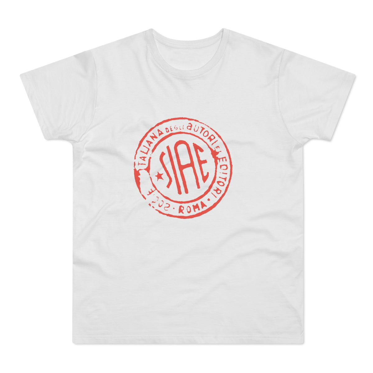 White t-shirt with red SIAE logo and text "ITALIANA DEGLI AUTORI E EDITOR 2002 ROMA".