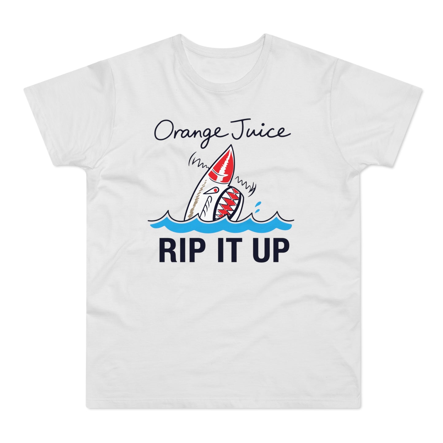 White t-shirt with "Orange Juice Rip It Up" text and a shark graphic.