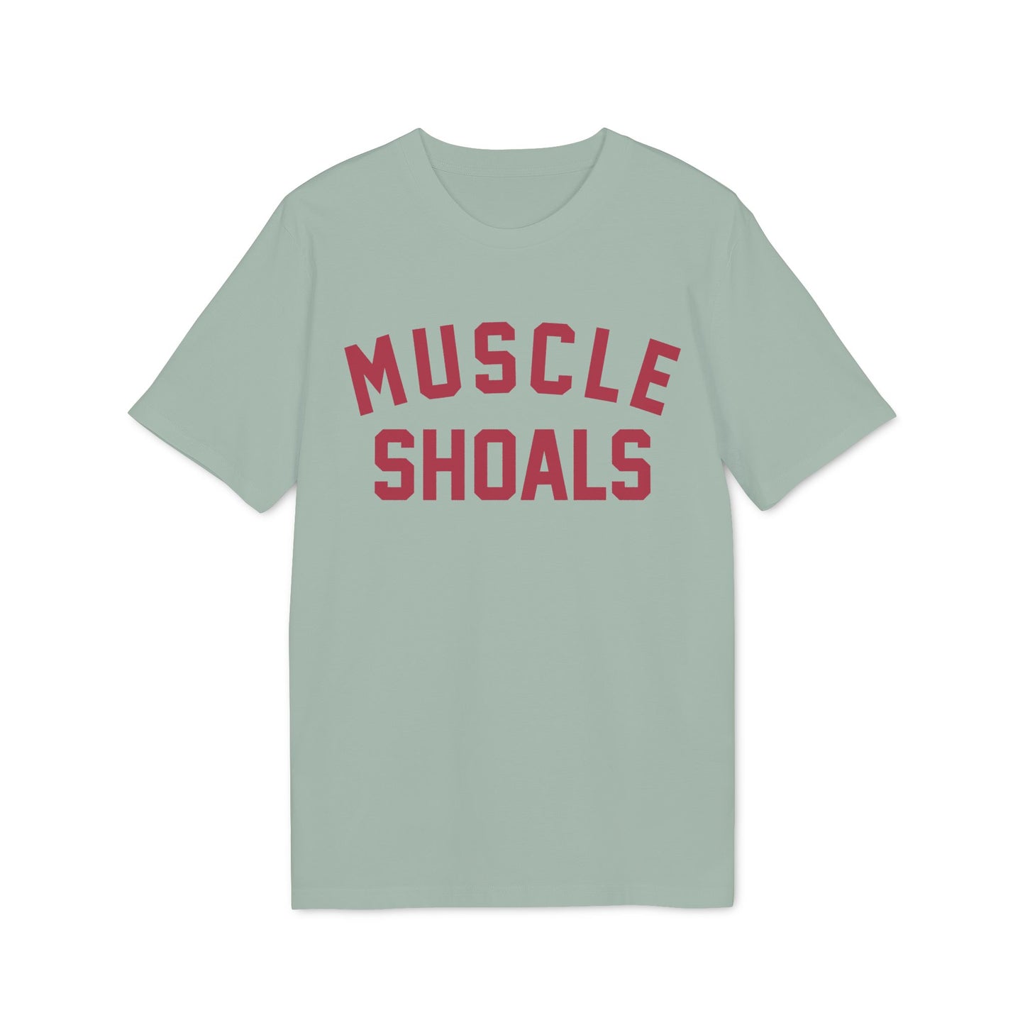 Light green t-shirt with red "MUSCLE SHOALS" text on the front.