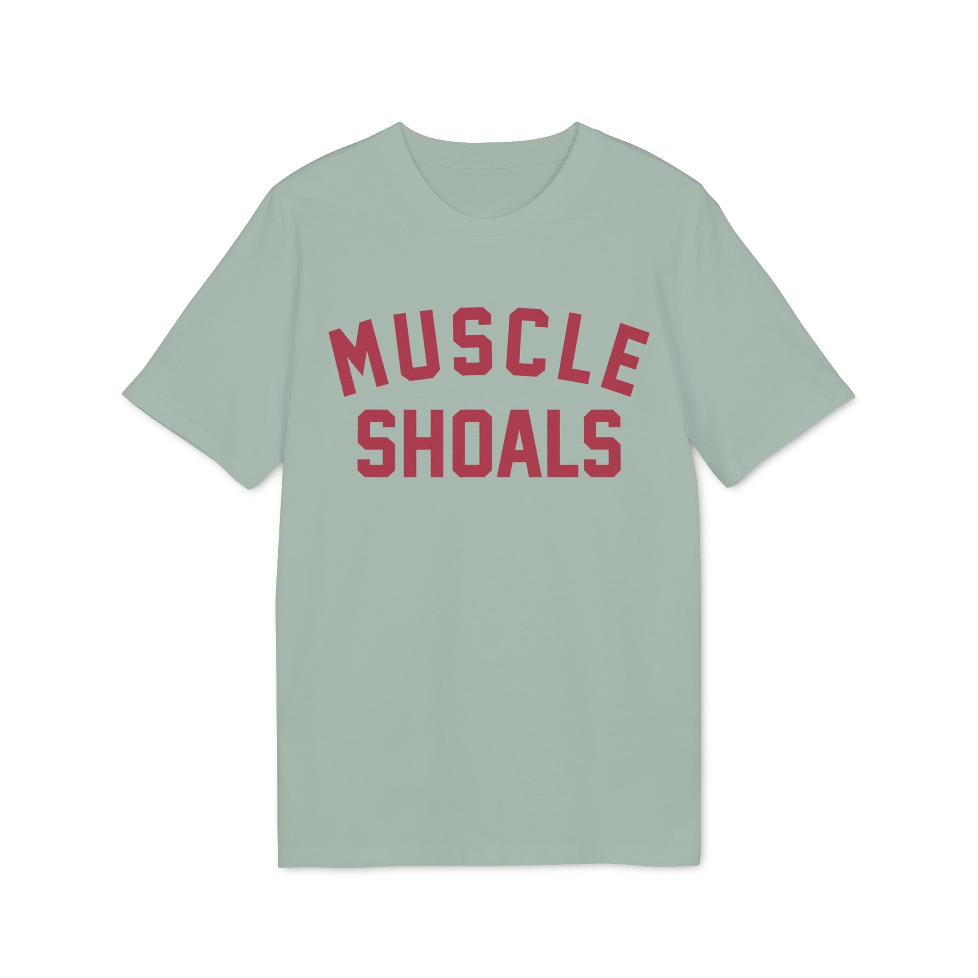 Light green t-shirt with red "MUSCLE SHOALS" text on the front.