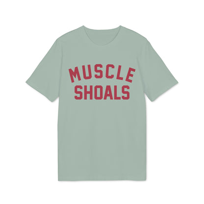 Light green t-shirt with red "MUSCLE SHOALS" text on the front.