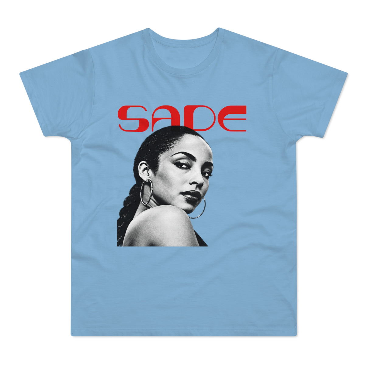 Light blue t-shirt featuring a black-and-white portrait of Sade with red text above it.