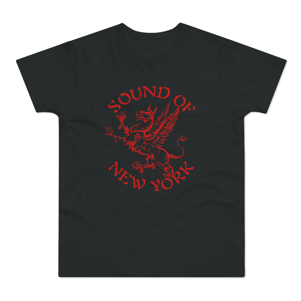 A black short-sleeved t-shirt features a red graphic of a griffin with text reading Sound of New York.