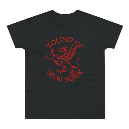 A black short-sleeved t-shirt features a red graphic of a griffin with text reading Sound of New York.