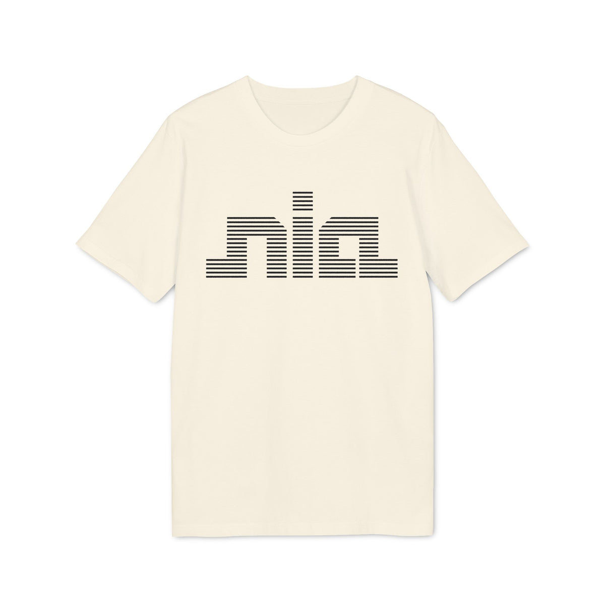 A cream-colored short-sleeved t-shirt featuring the word nia printed across the chest in black horizontal lines.