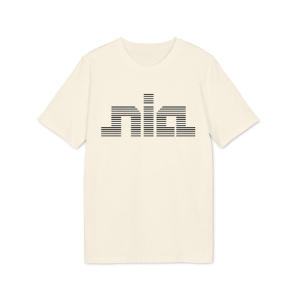 A cream-colored short-sleeved t-shirt featuring the word nia printed across the chest in black horizontal lines.
