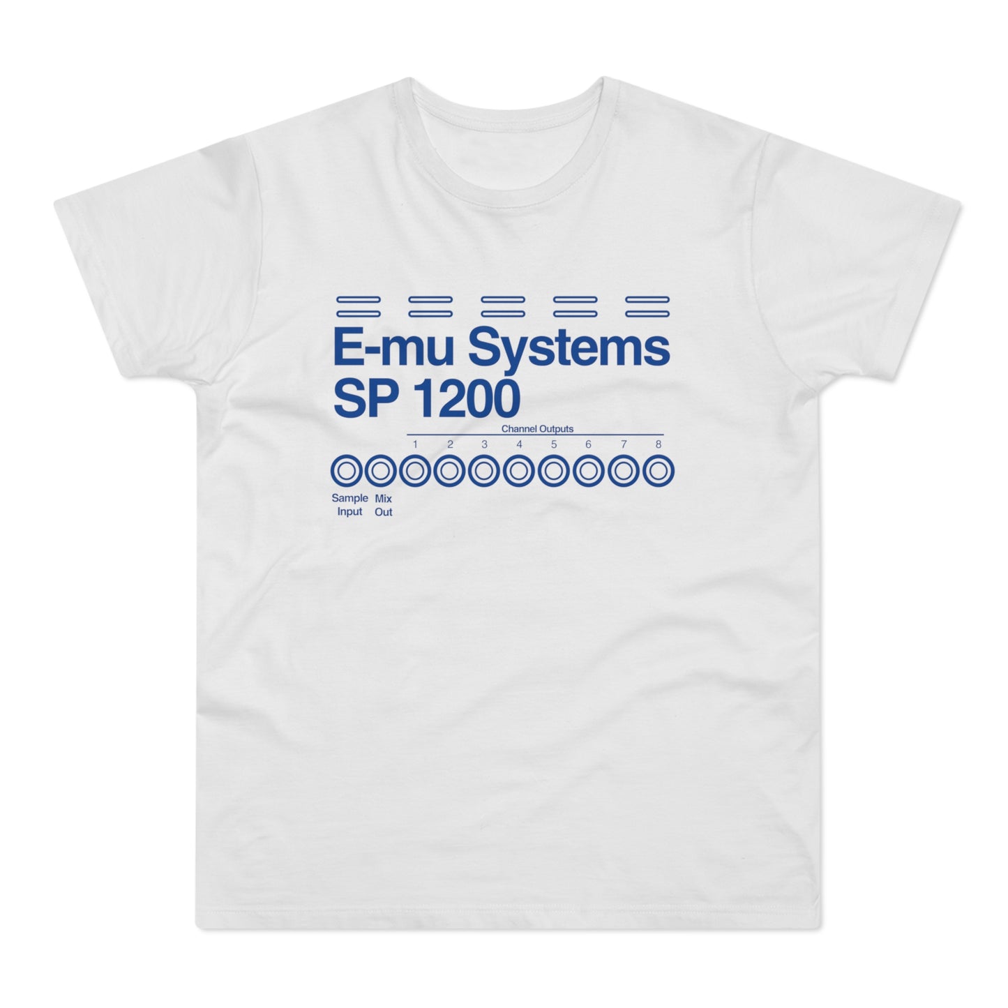 White t-shirt with blue E-mu Systems SP 1200 graphic and channel outputs.
